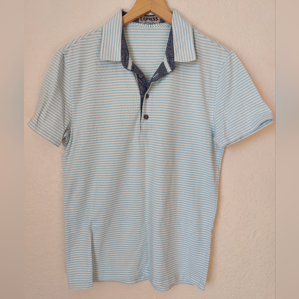 Express Fitted Baby Blue Striped Short Sleeve Button-Up Shirt
